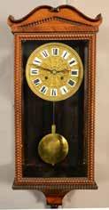 Lot # 115 - German eight day oak, open well, wall clock, fancy pendulum, brass dial, possible Linzkirch movement, numbered. Ca. 1890. 36 t. Est. $375-$550.