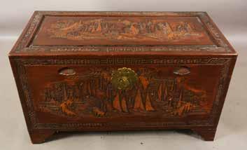 Lot #213 - Scenic carved Chinese trunk, camphor wood, dovetail
