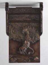 00 555 Chinese Qing Qianlong carved Qiyang stone table screen, carved in high relief depicting Kui