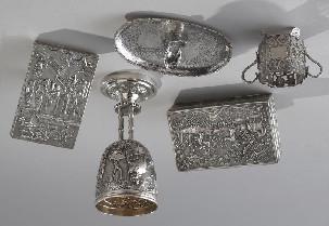 Chinese Qing silver including: (1) goblet; (1) two handled cup; (1) tray; (1) card