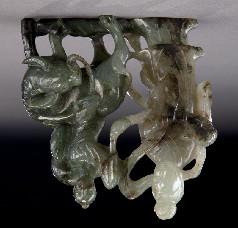 5"H, Circa - 20th 727 Chinese Qing carved jadeite figure depicting a Guanyin with a boy, riding on a buffalo.