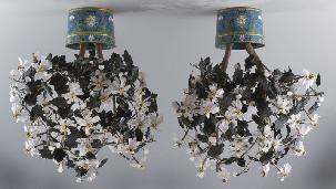 Chinese carved jade trees set in cloisonne planters depicting chrysanthemum. 18.