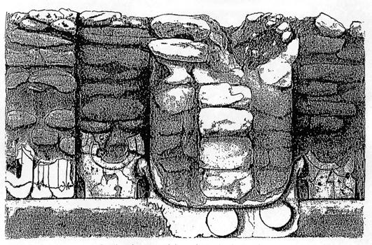 Figure 4. Drawing of upper mask (east of central staircase), Structure B1 at Blackman Eddy. Drawing by Jason Wiersema.
