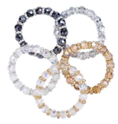 Necklace measures 88cm Colours Left to Right: Jet Haematite, AB, Labra, Honey The bracelets are a