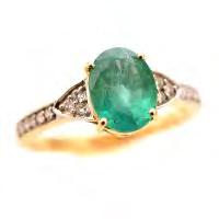 96 Emerald, Diamond, 18k Gold Ring. Centering one oval-cut emerald weighing approximately 1.75 ct., accented by sixteen full-cut diamonds weighing a total of approximately 0.10 cttw.