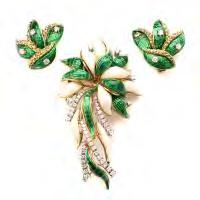 Including one green and opaline enamel, diamond, 18k yellow gold flower motif brooch measuring approximately 72 x 41 mm together with a pair of green enamel, diamond, 18k yellow gold nonpierced