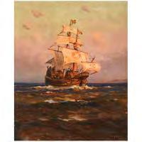 377 ANGEL ESPOY (Californian 1879-1963) "Sailing Ship in Calm Water" Oil on canvas. 24 1/8 x 20 1/8 inches; Frame: 30 5/8 x 26 1/2 inches.