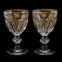 499 Fifteen Baccarat Harcourt 1841 Empire Crystal Wine Goblets Clear glass goblets with hexagonal gold rimmed bases, knopf stems, gold rim,