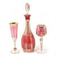 } 500 Set of Moser Cranberry Cut to Clear Stemware and Decanter.