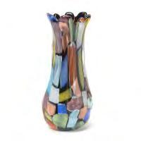 ) 502 Murano Hand-Blown Multi Colored Glass Vase. Round cylindrical vase with flared rim, blocks of colored glass with black framing.