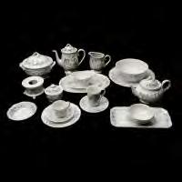 coffee pot, tea pot, lidded sugar, creamer, vegetable dish, platter, gravy boat and undertray. (Cup handles broken, chips.