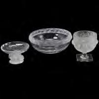 508 Lalique Nogent Compote and Tazza, Lalique Messanges Bowl Nogent Compote with Four Sparrow Supports, Lalique Nogent Tazza, Lalique Large