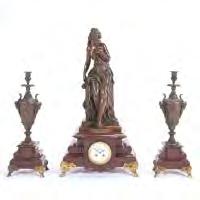 539 French Art Nouveau Rouge Griotte Marble and Gilt Bronze Figural Clock Garniture with Two Urns Bronze statue of