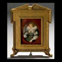 563 Portrait Miniature of Queen Elizabeth in Renaissance Costume. Signed DiMarc, mounted in gilt metal frame with eagle.