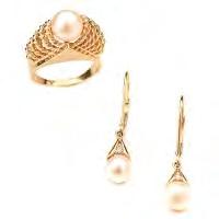 8 mm round cultured pearl, 14k yellow gold ring, size 6 1/4 together with a pair of 6.