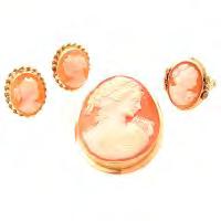 Including one shell cameo, 18k yellow gold pendant brooch measuring approximately 43 x 32 mm; one pair of shell cameo, 18k yellow gold nonpierced