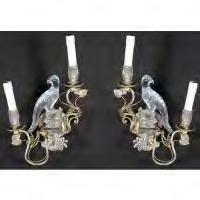 677 Pair of Bagues Style Silvered and Glass Parrot Form Scones Pair of silver tone metal two-light wall fixtures, with glass parrot figures and flowers.