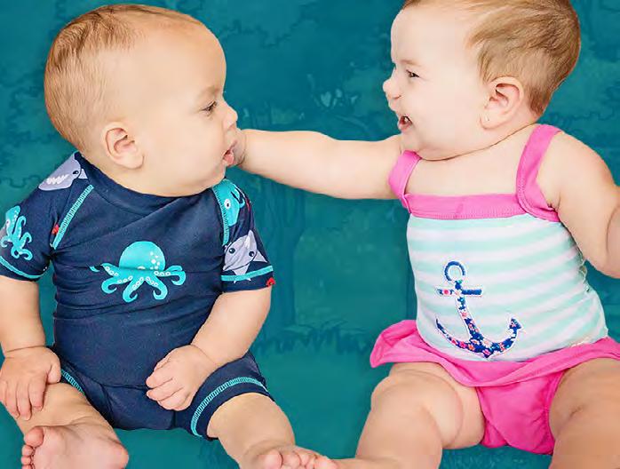 22 Feel No Flare Swimwear An assortment of swimsuits, shirts and flap hats made to stringent BANZ standards protects both babies and kids whether in the pool or on the beach.