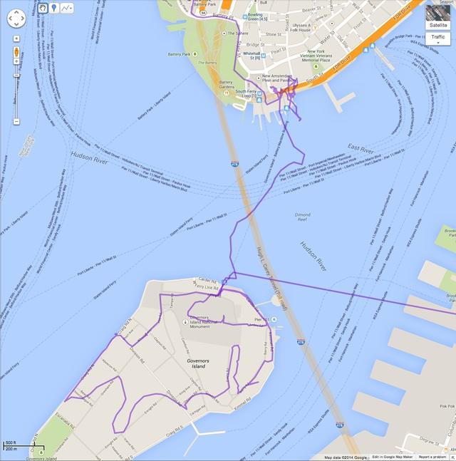 We also made a brooch version of this circuit, and I wore it on a bike trip to Governor's Island. You can see the path the ferry took as well as my bike path around the island.