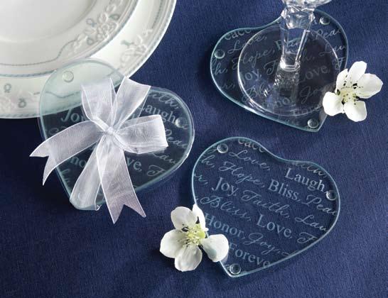 forever and love etched into heart-shaped, clear-glass coasters. Measure 3 ½ x 3 ½.