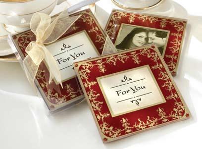 Imperial Exquisite Glass Photo Coasters Gold and deep-burgundy coasters with 1 ¾ h x 2 w center square