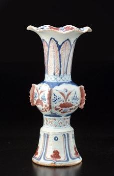 5" 0294 CARVED PORCELAIN VASE decorated with 2 cranes under a pine.
