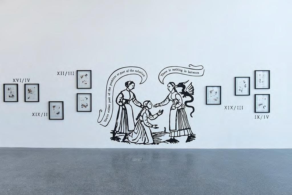 Der Hexenhammer, presented at Museion, comprises two elements: a live performance and a work displayed in the exhibition space - a wall drawing that shows how the artist relates to text, words,