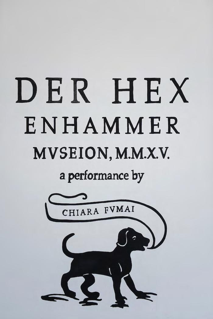Der Hexenhammer, presented at Museion, comprises two elements: a live performance and a work displayed in the exhibition space - a wall drawing that shows how the artist relates to text, words,