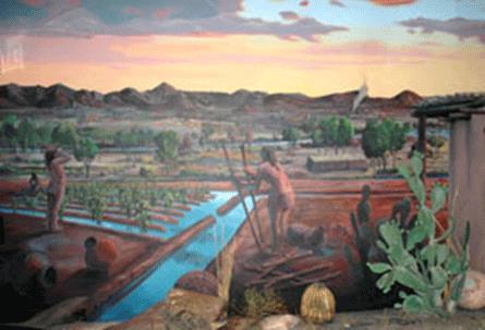 Daily Life Mural in the Arizona Museum of Natural History of the Rowley Site, near Park of the Canals in Mesa, c. 1200-1450, by Ann and Jerry Schutte.