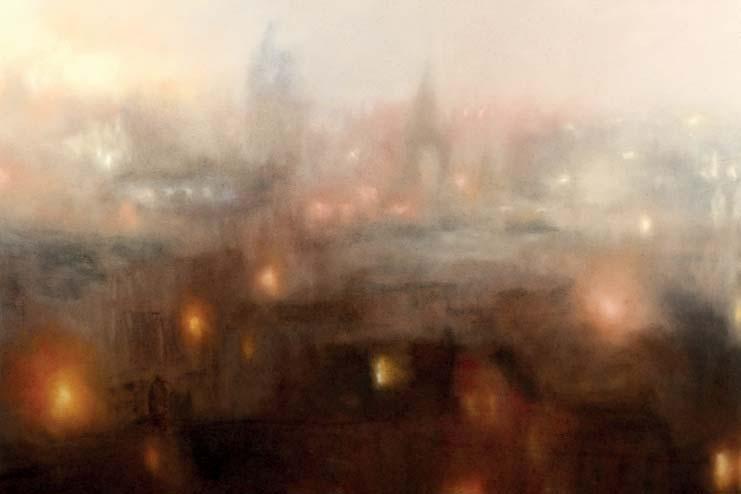 Among his tools are sand paper and sponges, used to erode the surface, transforming paper to velvet all the time spray fixing each layer of pastel, what began as a town scape dissolves in a