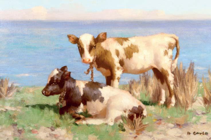 12 Lot 299 299 David Gauld RSA (Scottish 1867-1936) Oil on canvas signed lower left (Ian McNicol, Glasgow, label) Calves by the Solway 50cm x 754cm Gauld was an apprentice Lithographer with Gilmour