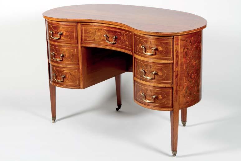 14 Lot 394 394 Edwardian mahogany kidney shaped desk, decorated with foliate marquetry, central