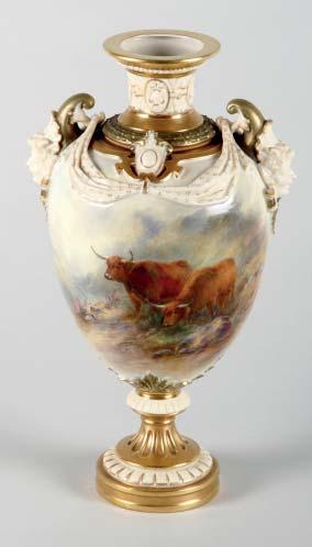 1 1 Royal Worcester vase, decorated with Highland cattle in an upland landscape,