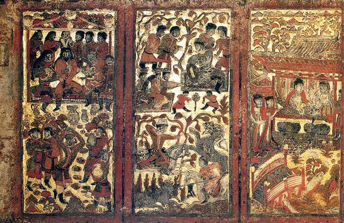Plate III Sha, Image of Nighttime Music and Dance, pp. 31, 32. (above) Music and dance, stone screen on funeral couch, Tomb of An Jia, Northern Zhou (collection of the Shaanxi History Museum).