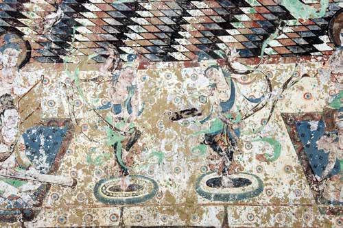Fig. 6. Music and dance in the Tableau of the Western Pure Land, main chamber, south wall, Mogao Cave 220, Early Tang (mid-7 th century). Courtesy of the Dunhuang Academy.