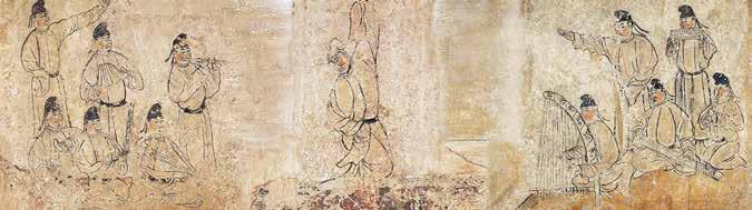 Fig. 17. Music and dance, stone screen on funeral couch, Tomb of An Jia, Northern Zhou (collection of the Shaanxi History Museum). Courtesy of the Shaanxi Archaeology Institute.
