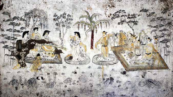 Fig. 19. Music and dance, mural painting, Tomb of Han Xiu, Tang dynasty (collection of the Shaanxi History Museum). Courtesy of the Shaanxi History Museum.