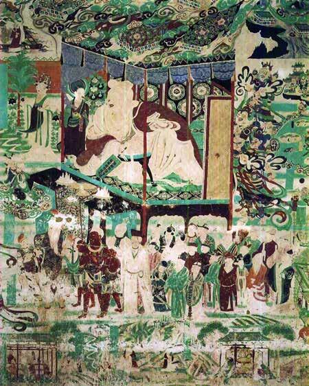 Fig. 23. Banquet scene, Vimalakirti tableau, Mogao Cave 9, Late Tang. Courtesy of the Dunhuang Academy. Cave 9 [Fig.
