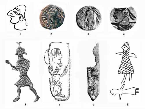 Fig. 10. Depictions of heads, bodies and full length figures of anthropomorphs in profile on artifacts: 1) a table jug, Kaigarach dwelling (after: Brykina 1982, p. 127, Fig.
