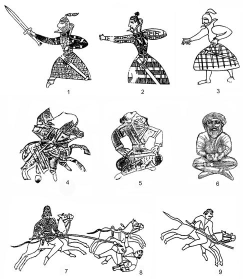 Fig. 11. Silhouettes depicting clothing of armed men: 1 3) bone belt plaques from the Orlat Cemetery (after Pugachenkova 1987, pp.