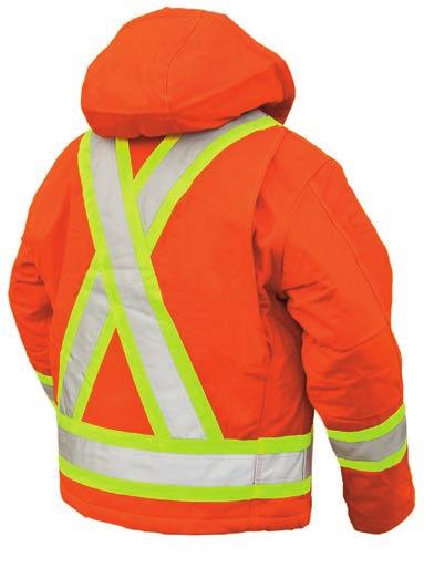 3M Scotchlite Reflective Material with 4 contrast backing Quick-release hard hat hood with adjustable snaps Inside and media pockets Pencil pocket on sleeve Action