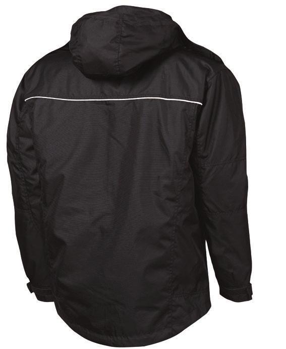Reflective piping on shell Detachable zip-off hood Multi-pocket design Shell/Liner: Inside and media pockets Shockcord