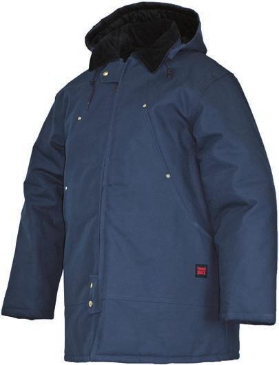 Quilted 8 oz polyester lining and insulation Laydown corduroy collar Four large scoop pockets Inside and media pockets Pencil