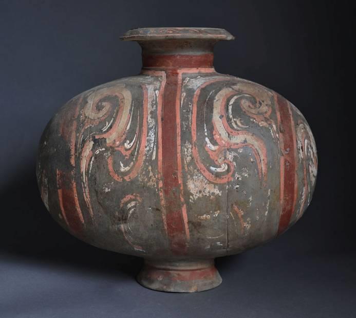 54. Inventory number: M5:25 Object title: Cocoon-shaped painted hu (vessel) Dimensions: Height 36cm; Diameter of mouth 13.4cm; Diameter of body of vessel 33cm; Diameter of base 10.
