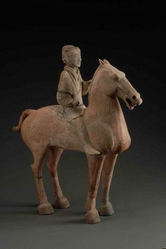 91. Inventory number: Yqd007 Object title: Painted cavalryman figure on a horse Dimensions: Height 68cm; Length 63cm Material: Pottery Date made: Han Period (206 BCE 220