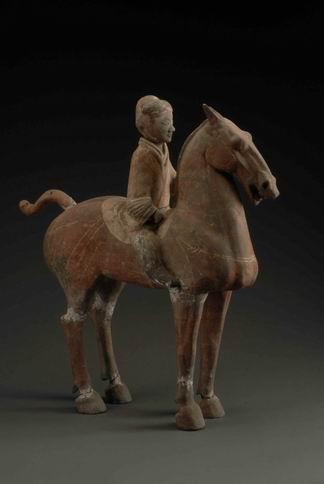 93. Inventory number: Yqd010 Object title: Painted cavalryman figure on a horse Dimensions: Height 68cm; Length 63cm Date made: Pottery Han Period (206 BCE 220 CE)