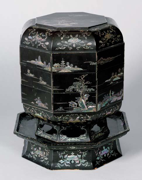 Lacquered Chest, Korea, early 20th century, black and mauve lacquer inlaid with mother-of-pearl in a pattern of birds and peaches, ht. 11 x 10 x 10 in. $200-250 513.