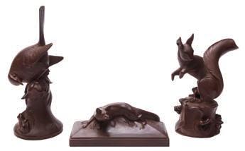 * 100-200 644 A group of three Meissen Bottger red stoneware models of a bird and toad on a tree stump probably modelled by Walther, incised crossed swords and model no.