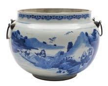 * 400-600 516 A Chinese porcelain bowl of squat globular form painted in blue with a panel containing two