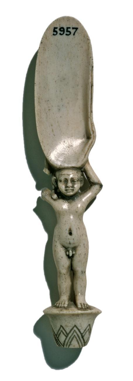 This iconography finds some parallels in Saite-Persian offering spoons that represent offering bearers holding scoops in the shape of a bound bovid (for a better preserved example from Sais, dated to